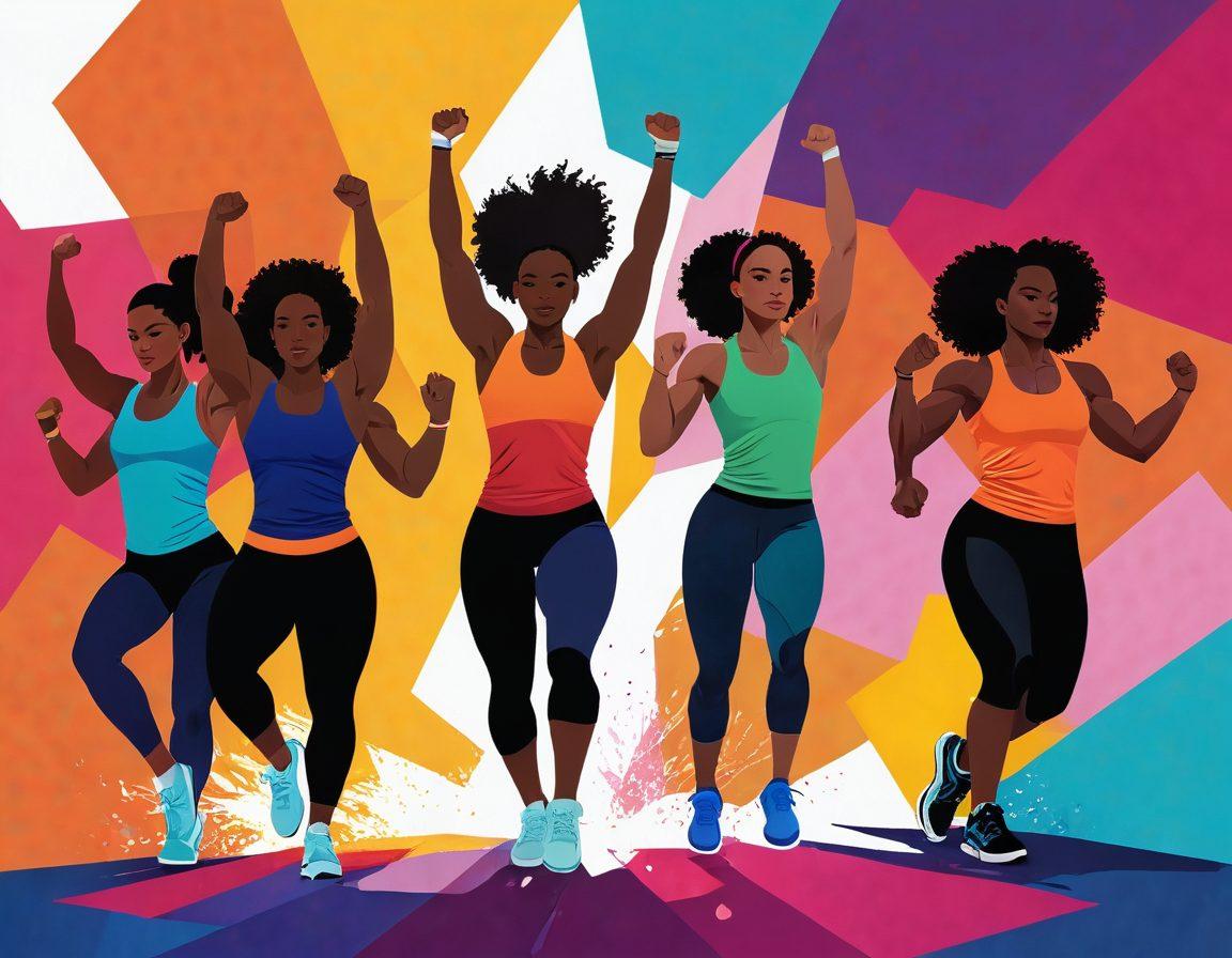 A powerful, diverse group of women engaged in various fitness activities, showcasing strength and confidence. The background features vibrant, abstract shapes symbolizing energy and movement, while each woman is depicted with a unique style, highlighting individuality and body positivity. Bright, uplifting colors create an inspiring atmosphere, conveying a sense of community and empowerment. super-realistic. vibrant colors. energetic background.